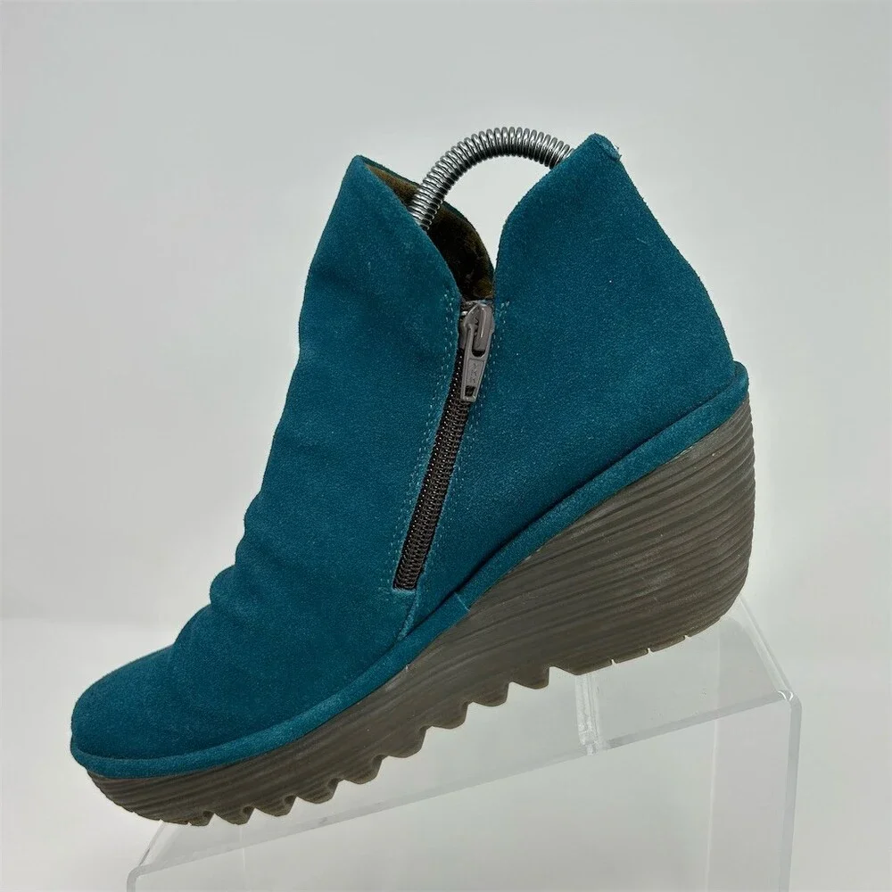 Fly London Yip Womens Ankle Booties Teal Blue Wedge Side Zip Lug Sole Size 39 - Picture 4 of 13